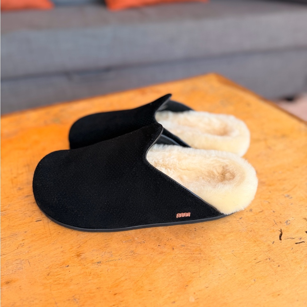Plush-Lined Black Suede Mules